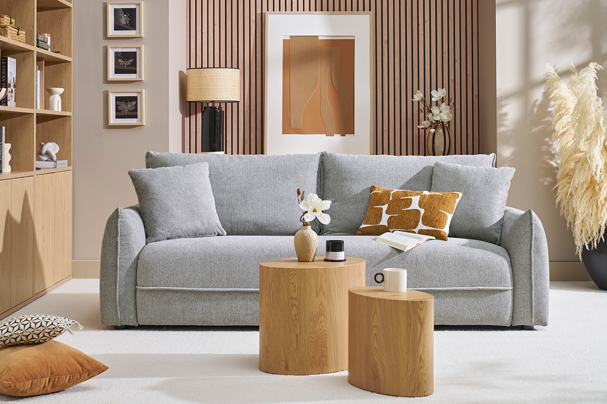 Divano a 3 posti in tessuto effetto velluto grigio testurato PIO