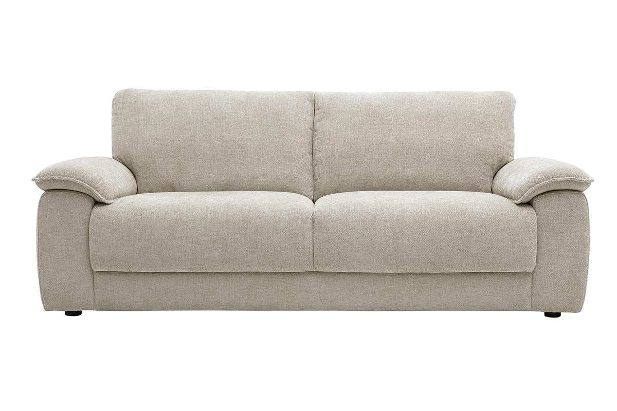 Divano a 3 posti in tessuto effetto velluto testurizzato beige, vista frontale