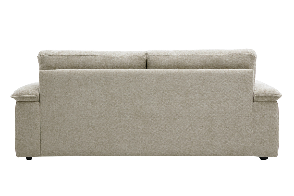 Divano a 3 posti in tessuto effetto velluto testurizzato beige, vista posteriore.