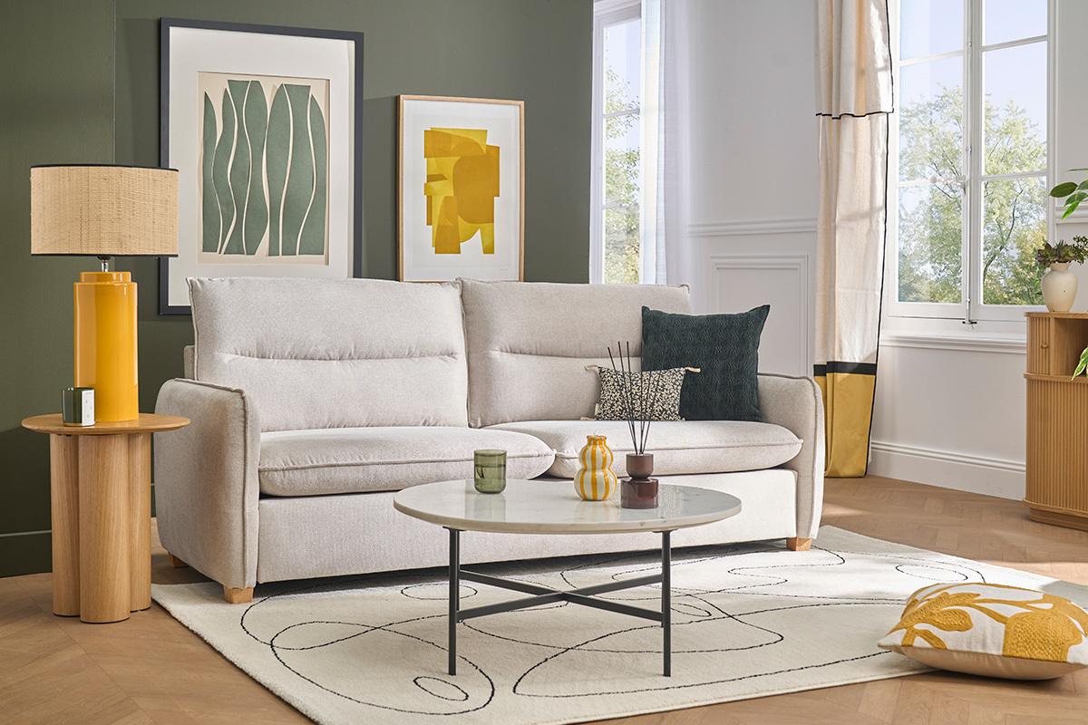 Divano a 3 posti in tessuto effetto velluto testurizzato beige RENZO