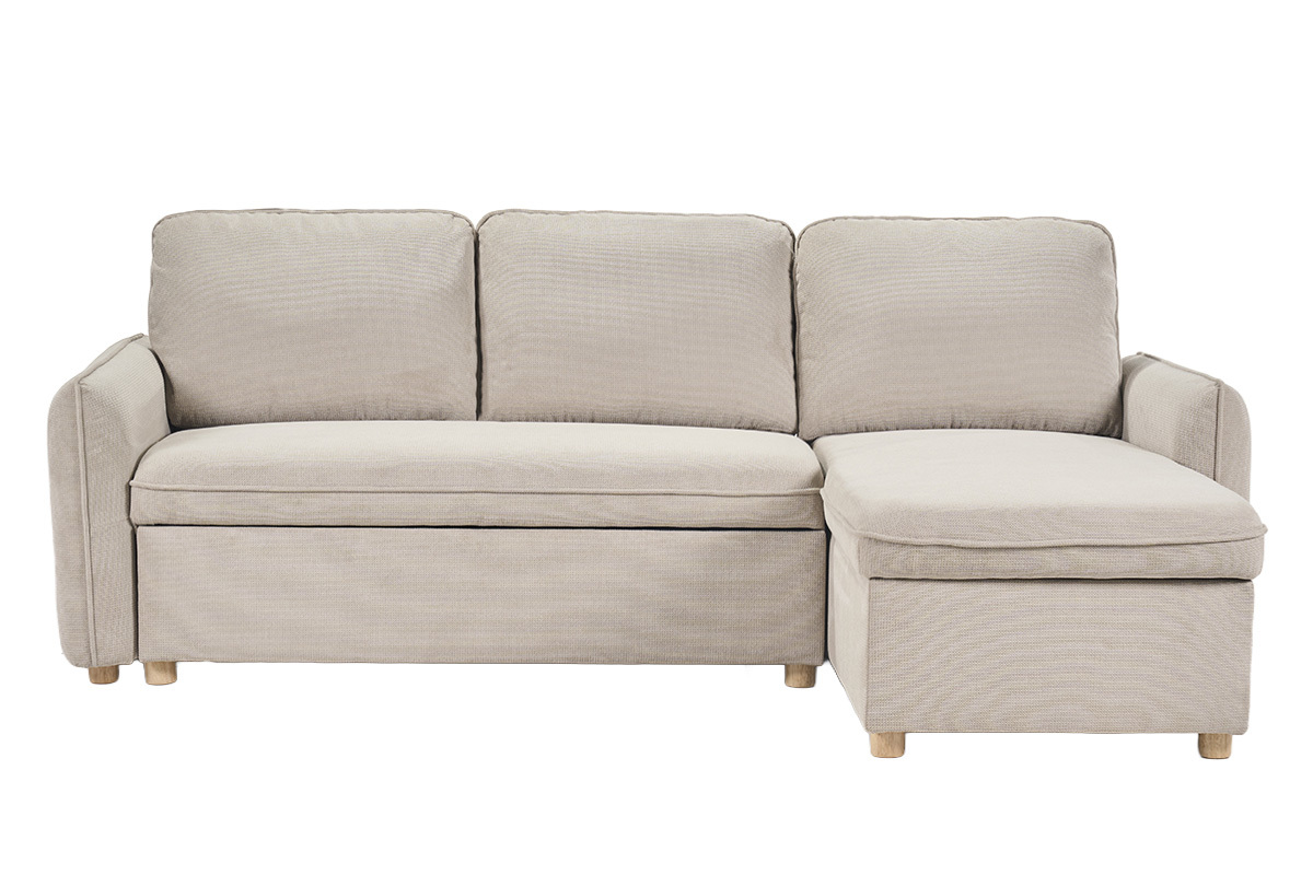 Divano letto angolare beige ORSO, vista frontale, tre posti, piedi in legno chiaro.