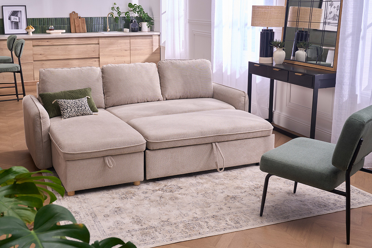 Divano ad angolo convertibile reversibile con baule 3 posti in tessuto ciniglia testurato beige e legno chiaro ORSO