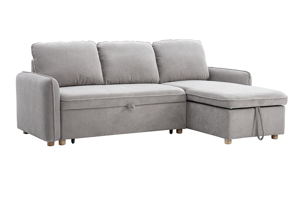Divano ad angolo convertibile reversibile con baule 3 posti in tessuto ciniglia testurato grigio e legno chiaro ORSO