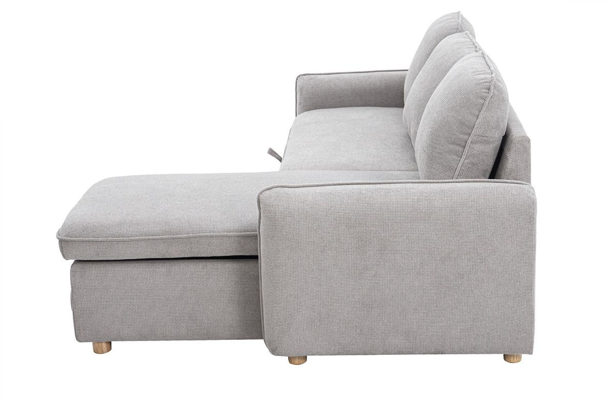 Divano ad angolo convertibile reversibile con baule 3 posti in tessuto ciniglia testurato grigio e legno chiaro ORSO