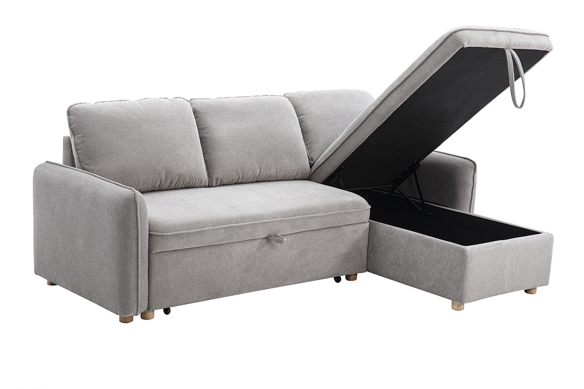 Divano ad angolo convertibile reversibile con baule 3 posti in tessuto ciniglia testurato grigio e legno chiaro ORSO