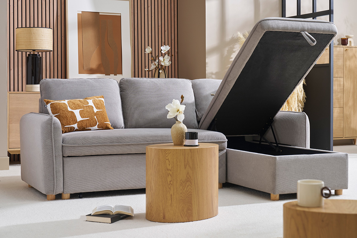 Divano ad angolo convertibile reversibile con baule 3 posti in tessuto ciniglia testurato grigio e legno chiaro ORSO