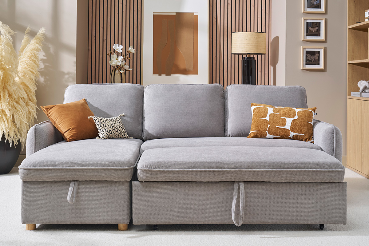 Divano ad angolo convertibile reversibile con baule 3 posti in tessuto ciniglia testurato grigio e legno chiaro ORSO