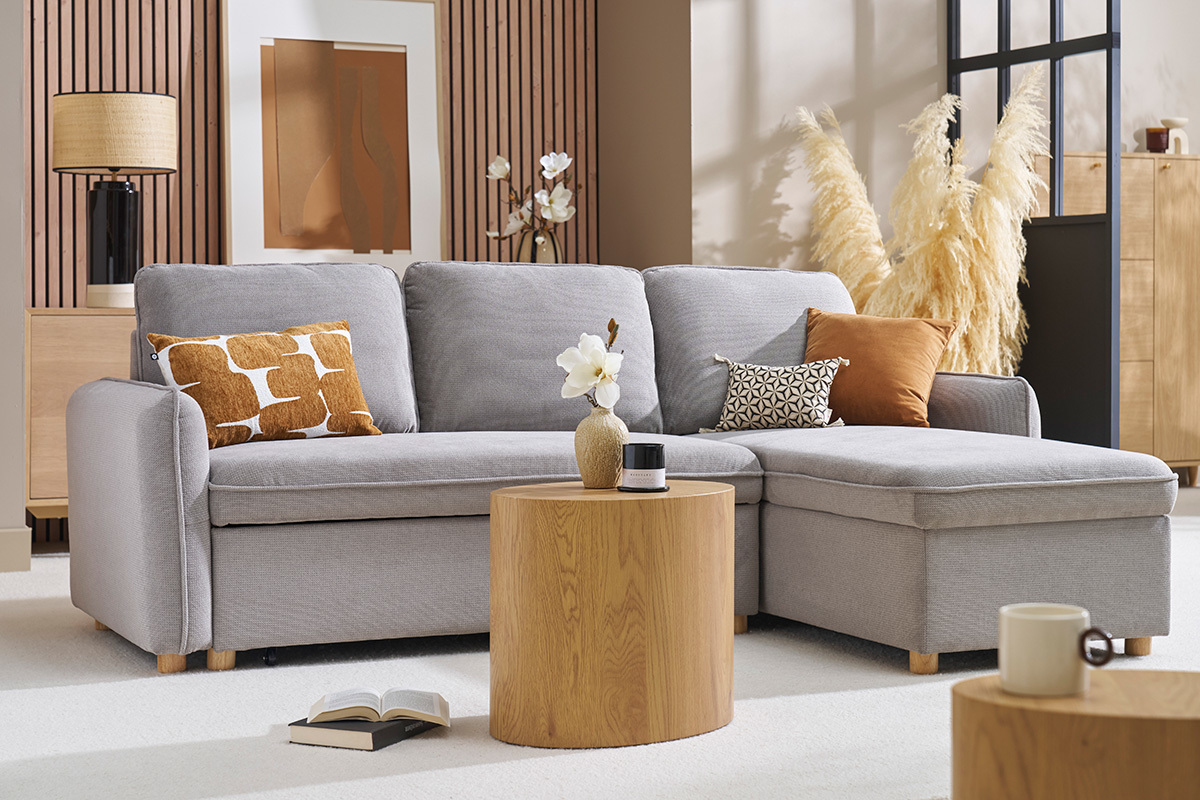 Divano ad angolo convertibile reversibile con baule 3 posti in tessuto ciniglia testurato grigio e legno chiaro ORSO