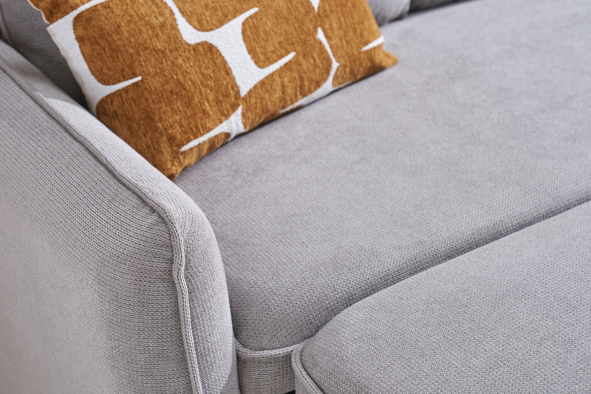 Divano ad angolo convertibile reversibile con baule 3 posti in tessuto ciniglia testurato grigio e legno chiaro ORSO