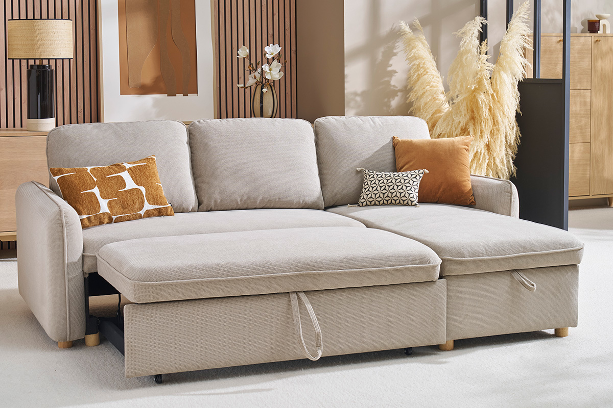 Divano ad angolo convertibile reversibile con baule 3 posti in tessuto effetto velluto testurato beige e legno chiaro ORSO