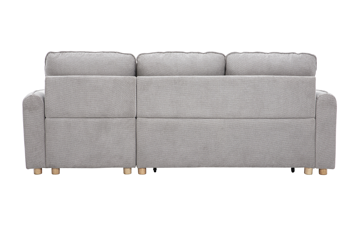 Divano ad angolo convertibile reversibile con baule 3 posti in tessuto effetto velluto testurato grigio e legno chiaro ORSO