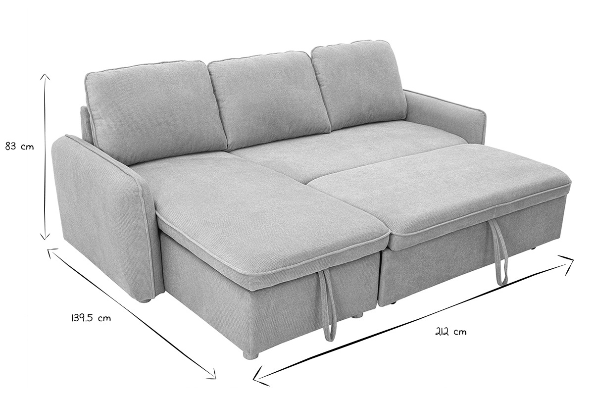 Divano ad angolo convertibile reversibile con baule 3 posti in tessuto effetto velluto testurato grigio e legno chiaro ORSO