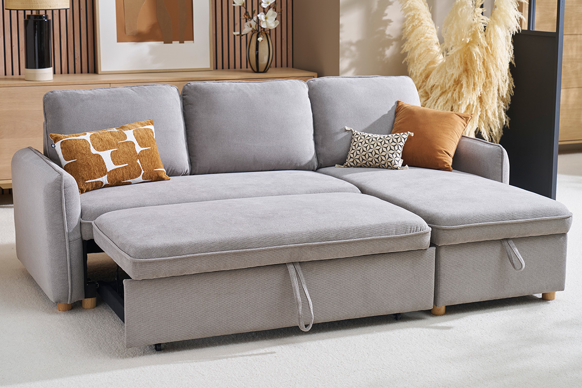 Divano ad angolo convertibile reversibile con baule 3 posti in tessuto effetto velluto testurato grigio e legno chiaro ORSO