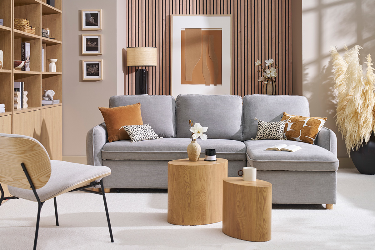 Divano ad angolo convertibile reversibile con baule 3 posti in tessuto effetto velluto testurato grigio e legno chiaro ORSO