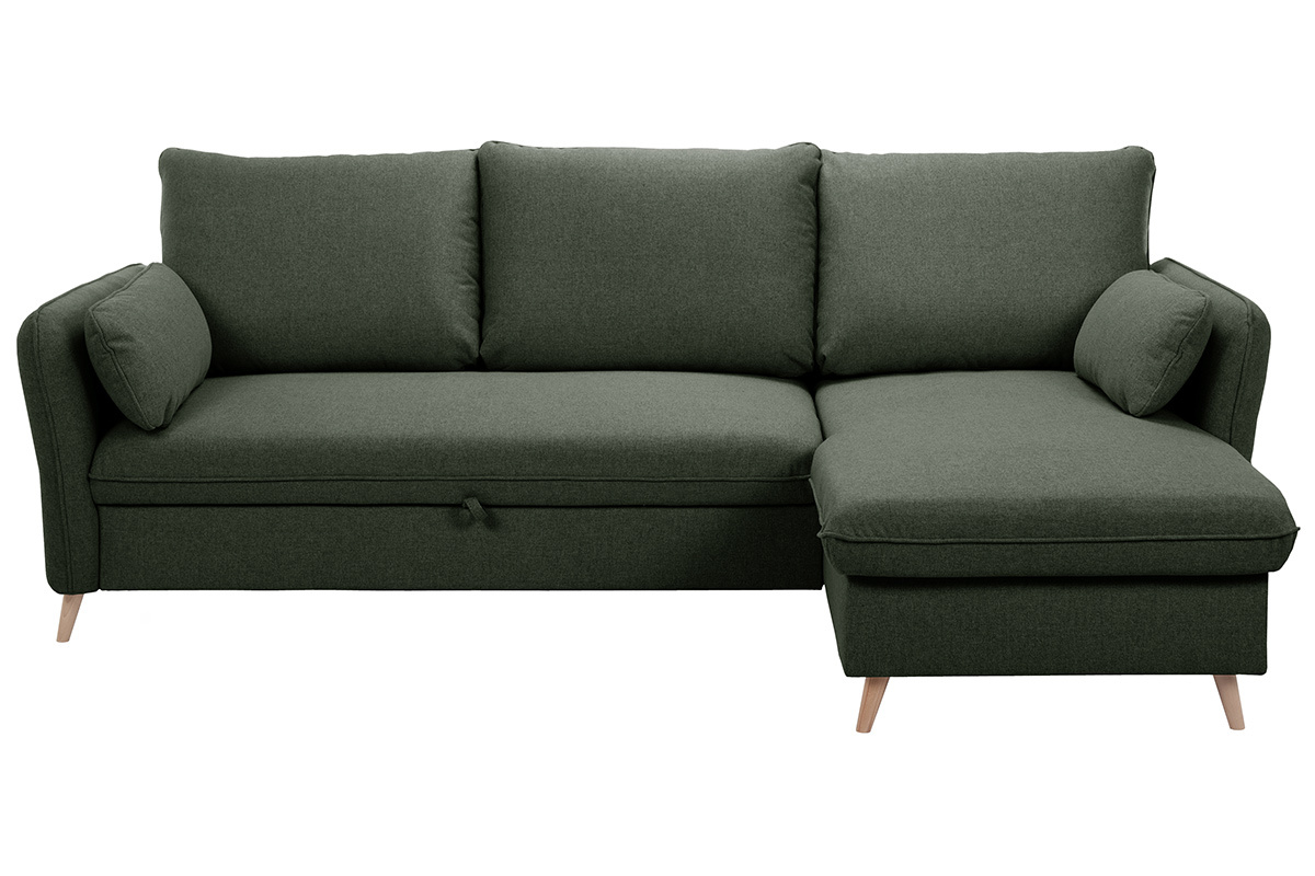 Divano ad angolo convertibile reversibile con vano portaoggetti 3-4 posti in tessuto verde cachi e legno chiaro DRISS