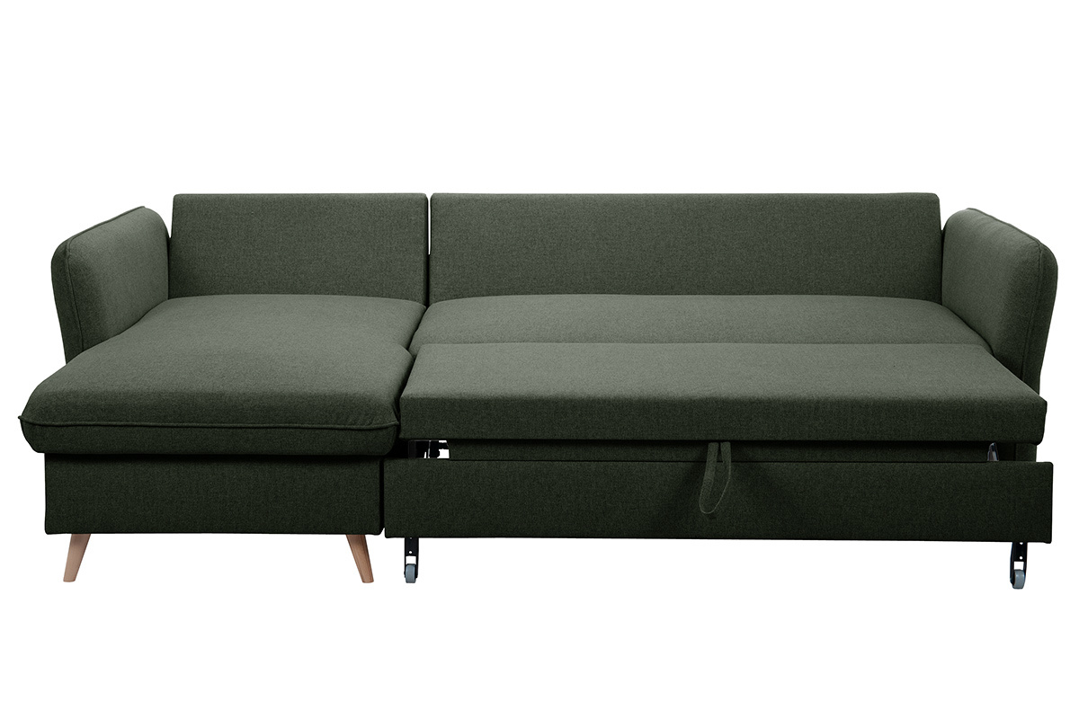 Divano ad angolo convertibile reversibile con vano portaoggetti 3-4 posti in tessuto verde cachi e legno chiaro DRISS