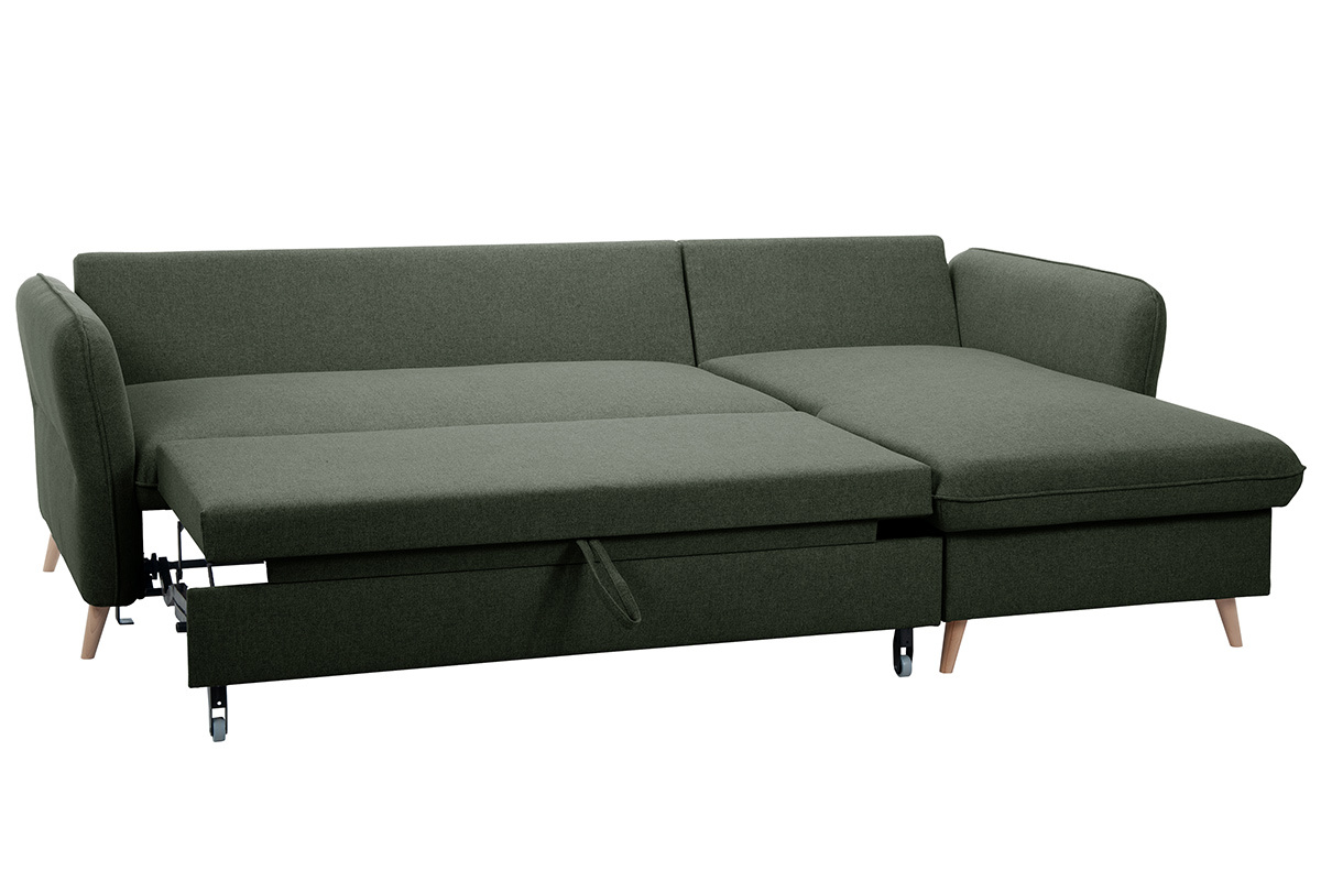 Divano ad angolo convertibile reversibile con vano portaoggetti 3-4 posti in tessuto verde cachi e legno chiaro DRISS