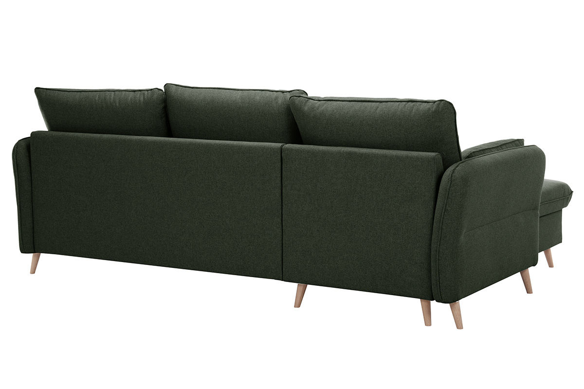Divano ad angolo convertibile reversibile con vano portaoggetti 3-4 posti in tessuto verde cachi e legno chiaro DRISS