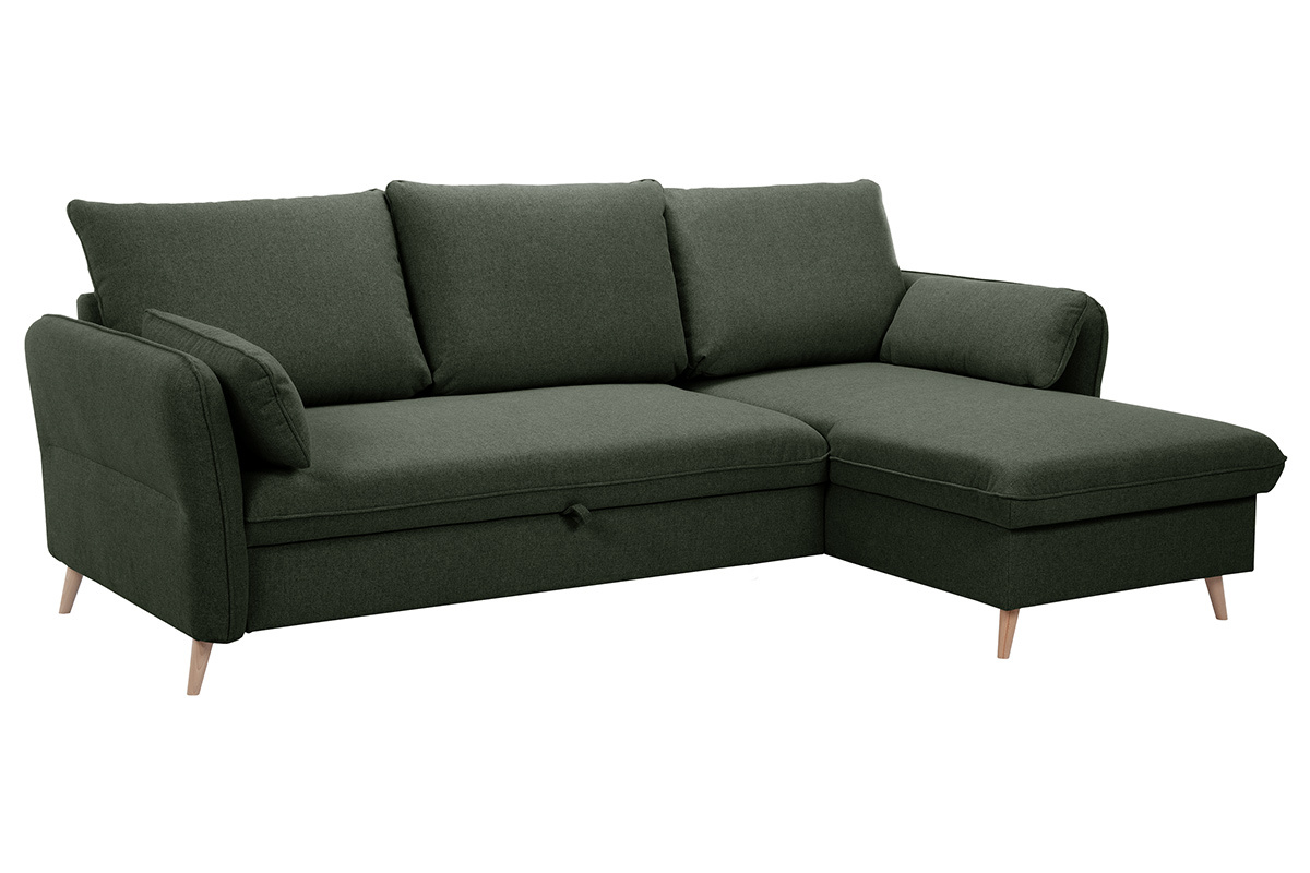 Divano ad angolo convertibile reversibile con vano portaoggetti 3-4 posti in tessuto verde cachi e legno chiaro DRISS