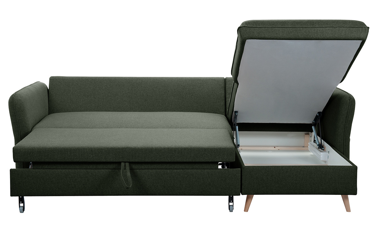 Divano ad angolo convertibile reversibile con vano portaoggetti 3-4 posti in tessuto verde cachi e legno chiaro DRISS