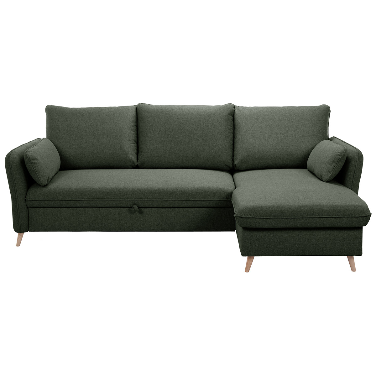 Divano ad angolo convertibile reversibile con vano portaoggetti 3-4 posti in tessuto verde cachi e legno chiaro DRISS