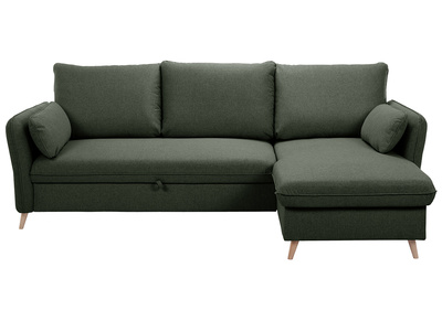 Divano ad angolo convertibile reversibile con vano portaoggetti 3-4 posti in tessuto verde cachi e legno chiaro DRISS