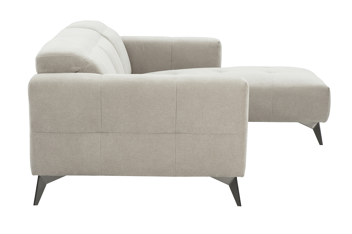 Divano ad angolo destro beige, tessuto in ciniglia e piedi in metallo, vista laterale.