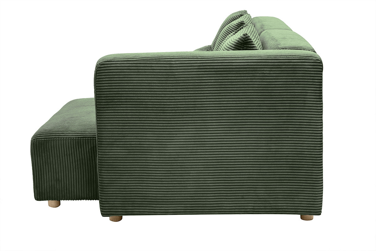 Divano ad angolo destro 3 posti in tessuto velluto a coste verde kaki e legno chiaro HARLEM