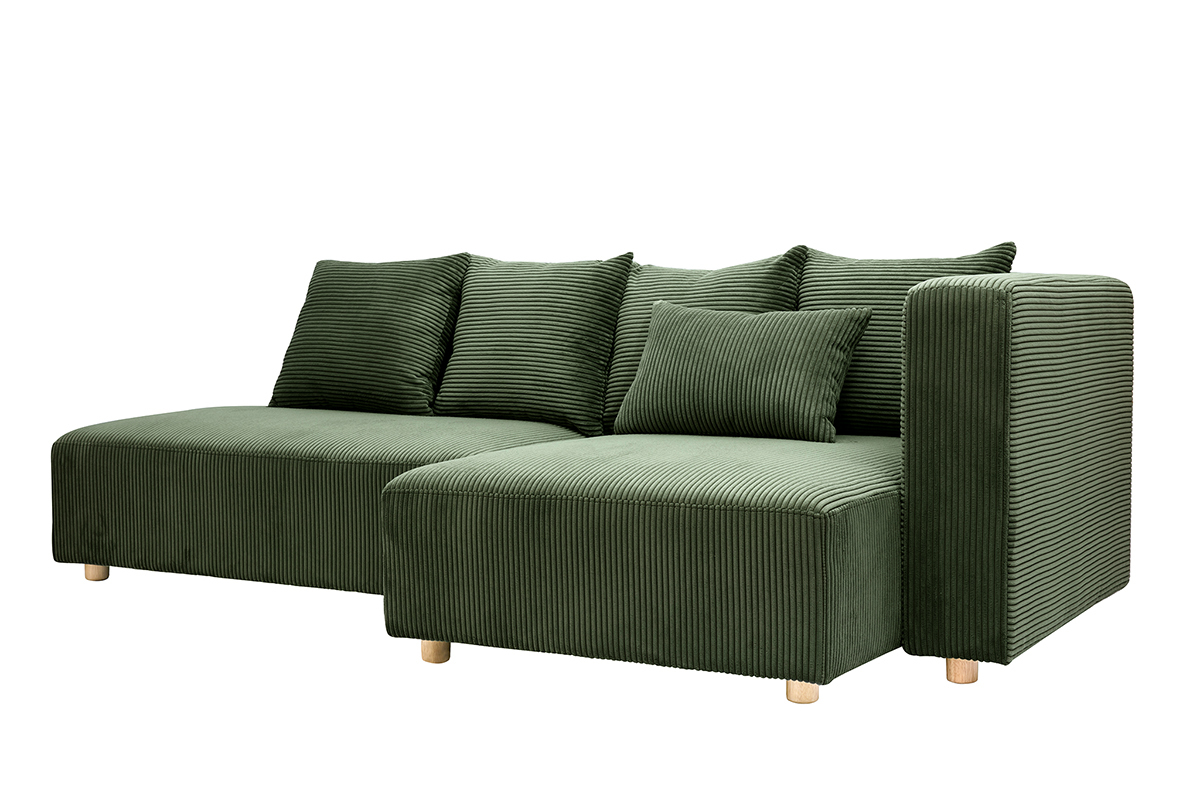 Divano ad angolo destro 3 posti in tessuto velluto a coste verde kaki e legno chiaro HARLEM
