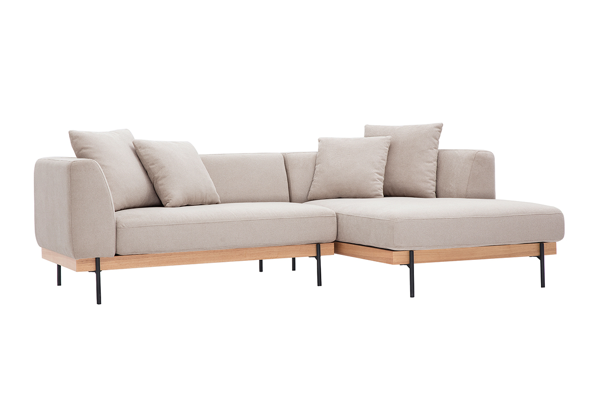 Divano angolare destro 4 posti in tessuto beige e metallo nero, vista da 3/4.