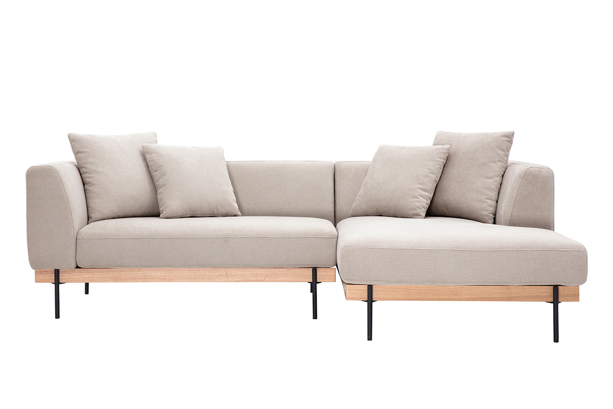 Divano ad angolo destro a 4 posti in tessuto ciniglia beige con piedi in metallo nero.