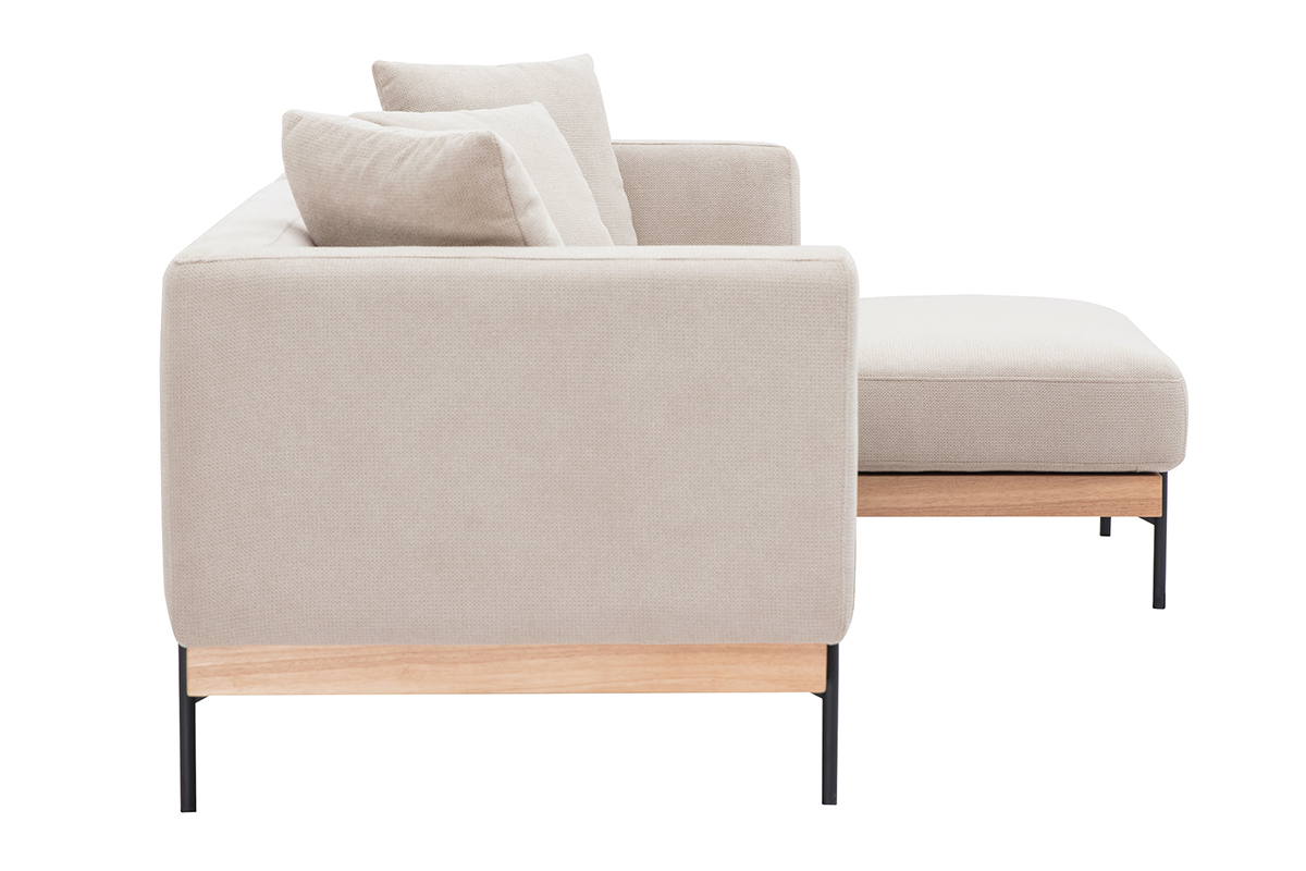 Divano ad angolo destro beige in tessuto di ciniglia, vista laterale, piedi in metallo nero.