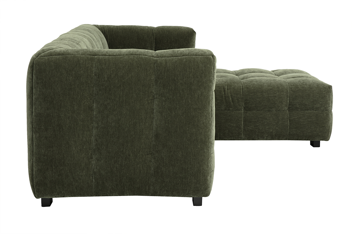 Divano angolare destro a 3 posti in tessuto velluto verde kaki, vista laterale.