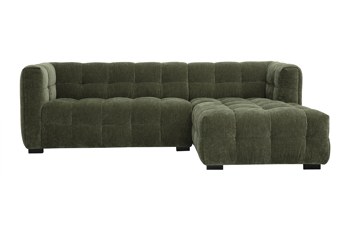 Divano ad angolo destro 3 posti in tessuto verde cachi, effetto velluto, angolo vista frontale.