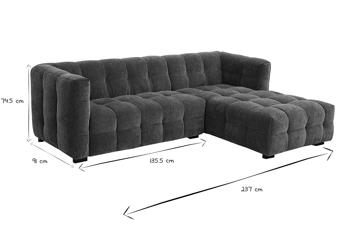 Divano ad angolo destro 3 posti effetto velluto verde kaki CORTO, vista laterale, dimensioni indicate.