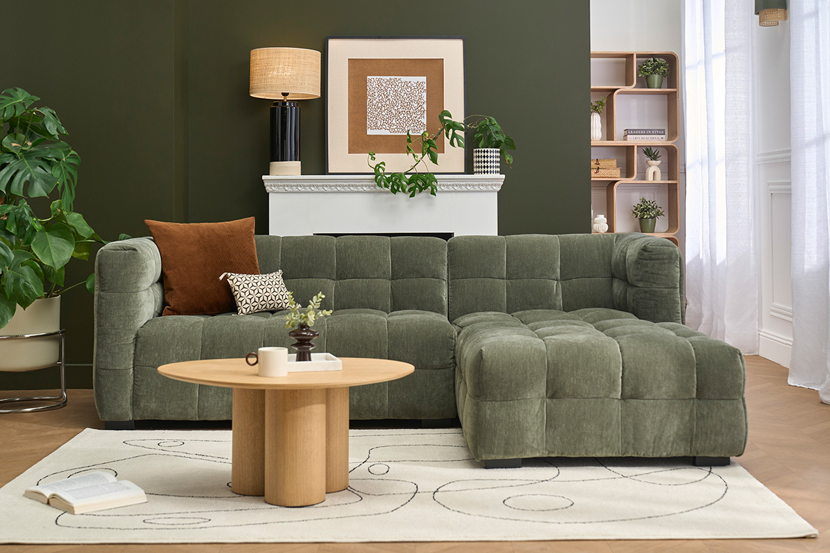 Divano ad angolo destro design 3 posti in tessuto effetto velluto verde kaki CORTO