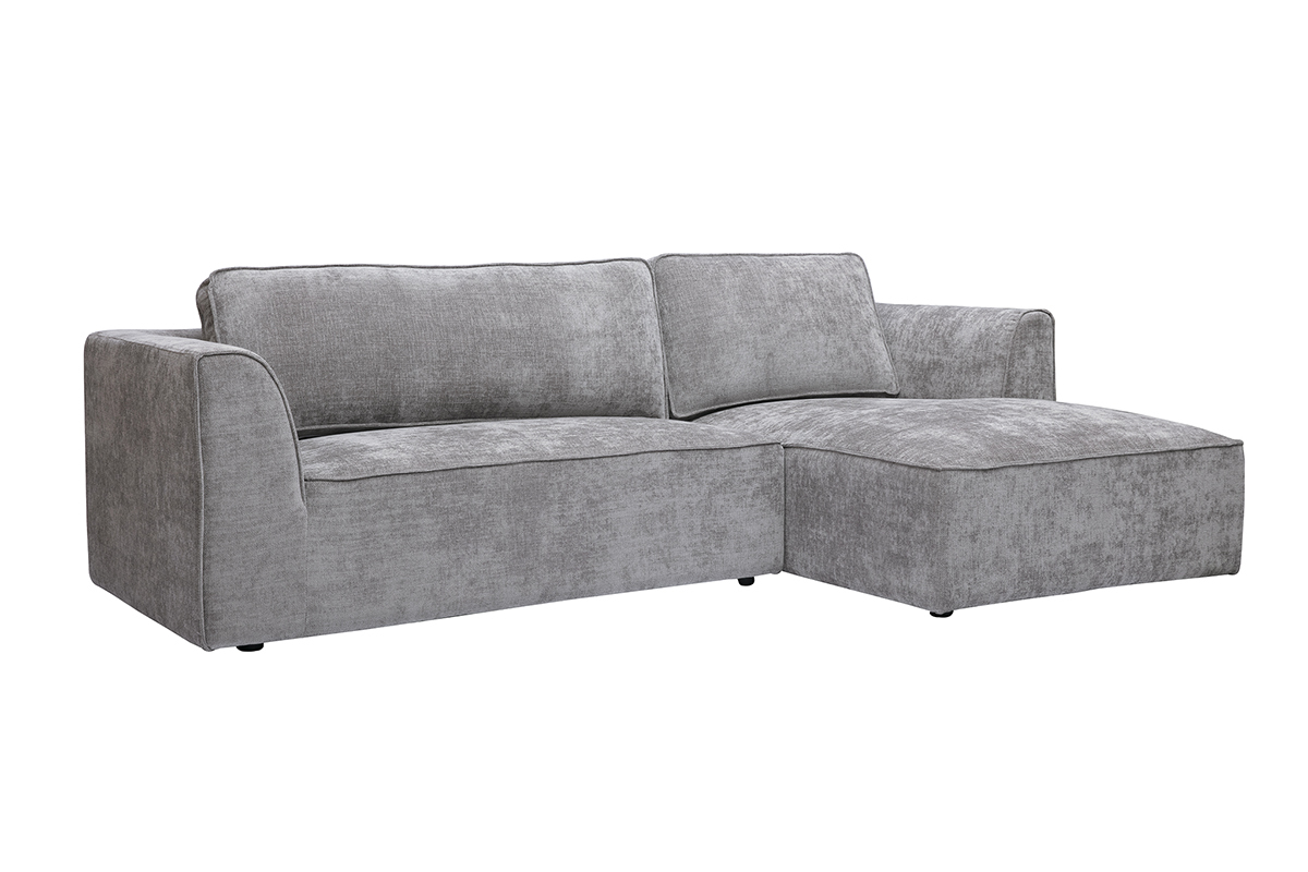 Divano ad angolo destro a 3 posti in tessuto grigio, vista da 3/4.