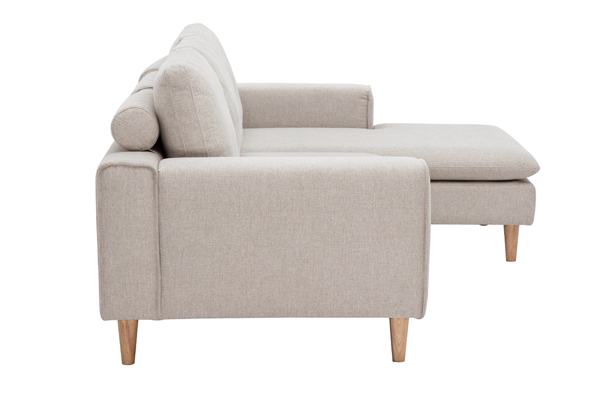 Divano ad angolo destro in tessuto beige e legno chiaro, vista laterale.