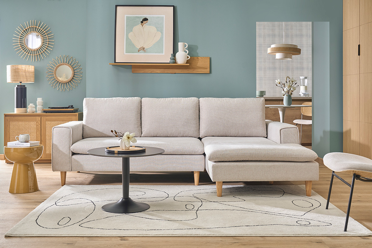 Divano ad angolo destro in tessuto effetto velluto testurato beige e legno chiaro RAGNAR
