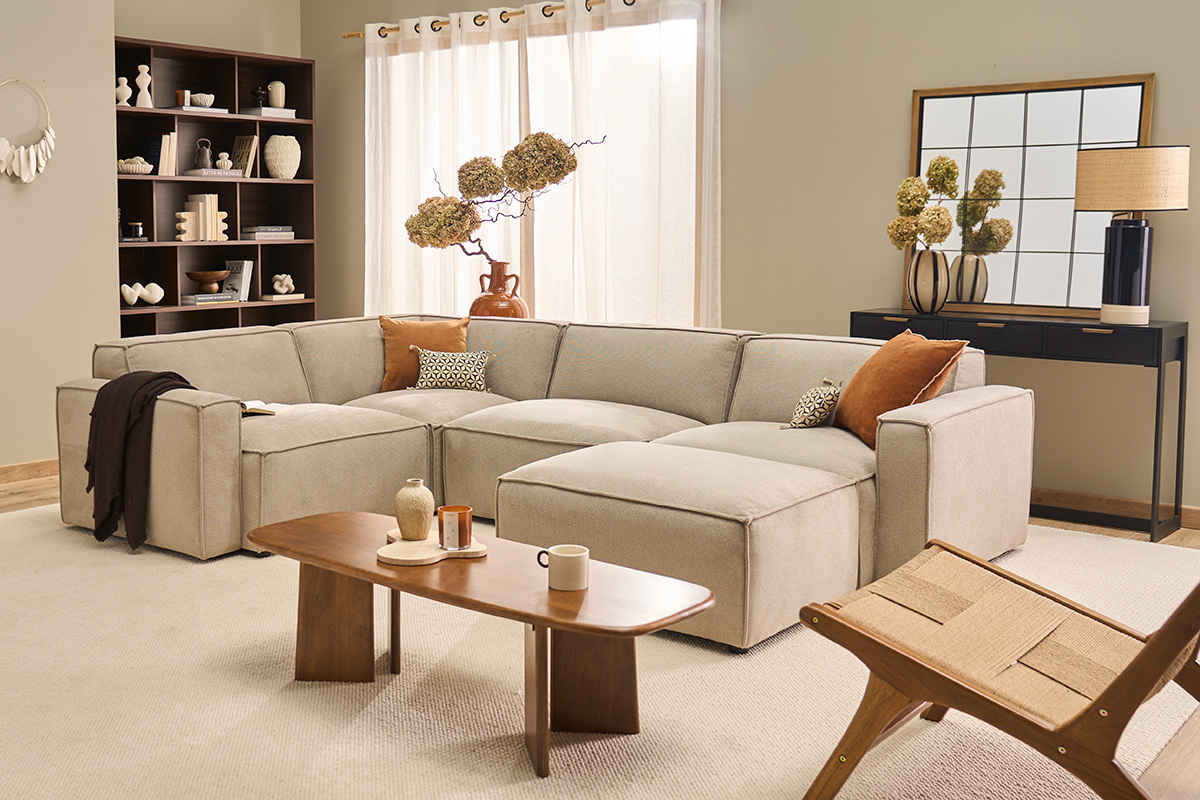 Divano ad angolo modulabile 5 posti e pouf in tessuto effetto velluto testurizzato beige SPLIT