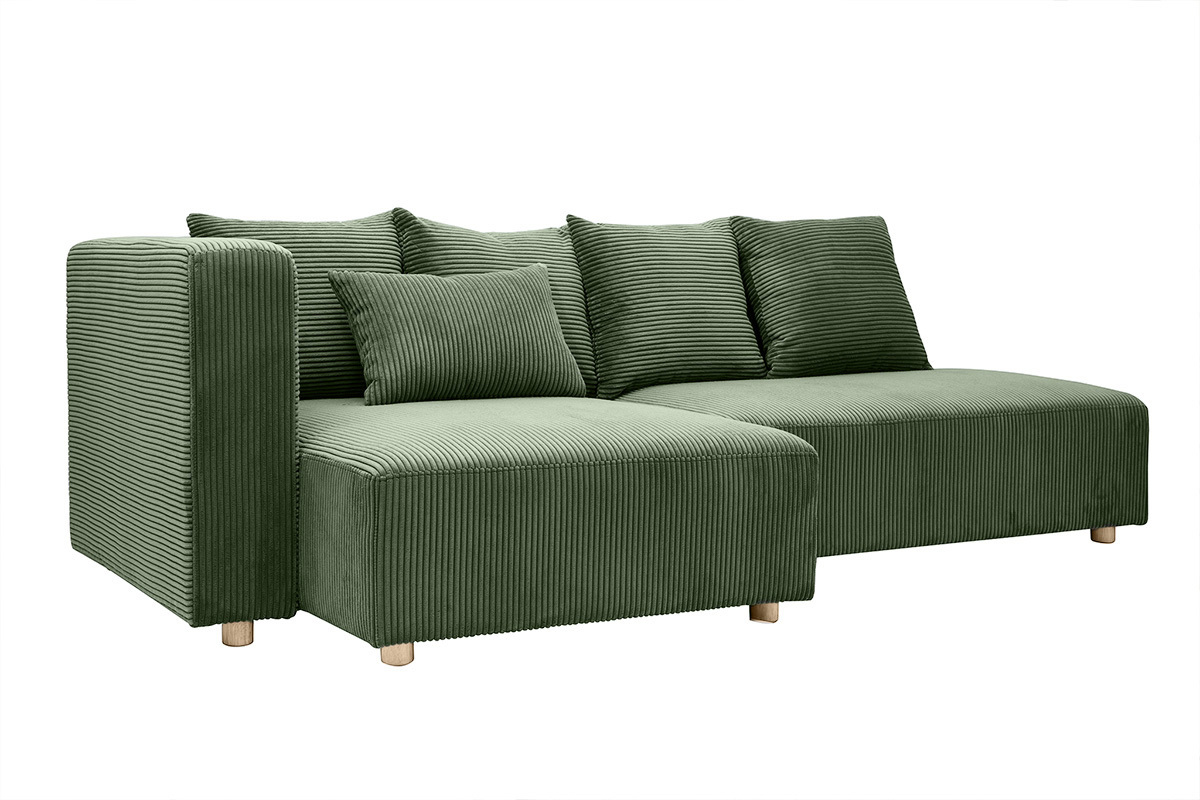 Divano ad angolo sinistro 3 posti in tessuto velluto a coste verde kaki e legno chiaro HARLEM