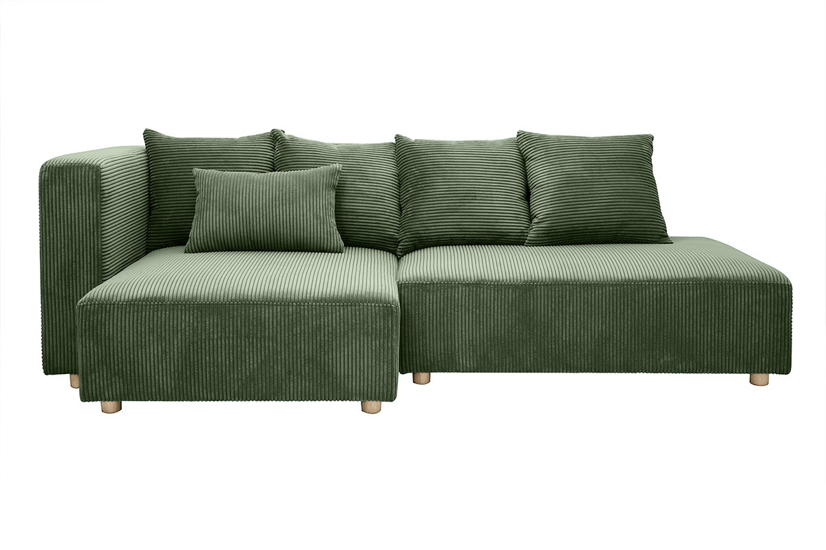 Divano ad angolo sinistro 3 posti in tessuto velluto a coste verde kaki e legno chiaro HARLEM