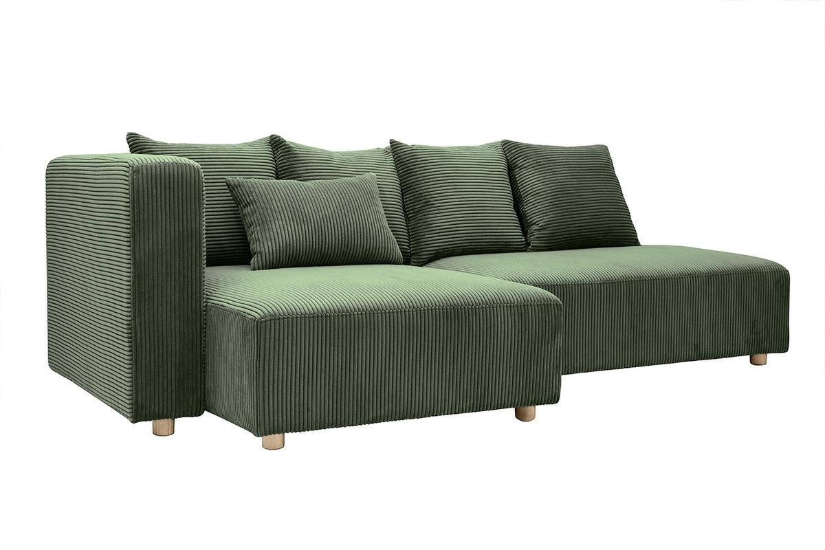 Divano ad angolo sinistro 3 posti in tessuto velluto a coste verde kaki e legno chiaro HARLEM