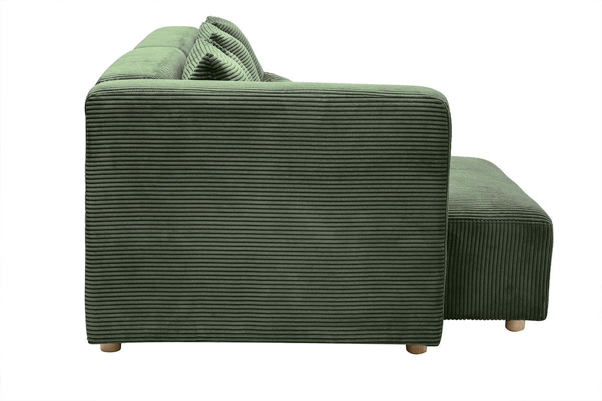 Divano ad angolo sinistro 3 posti in tessuto velluto a coste verde kaki e legno chiaro HARLEM