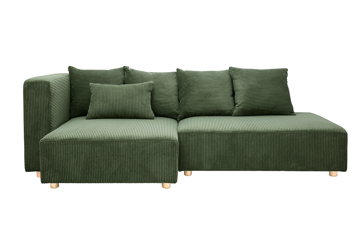 Divano ad angolo sinistro 3 posti in tessuto velluto a coste verde kaki e legno chiaro HARLEM