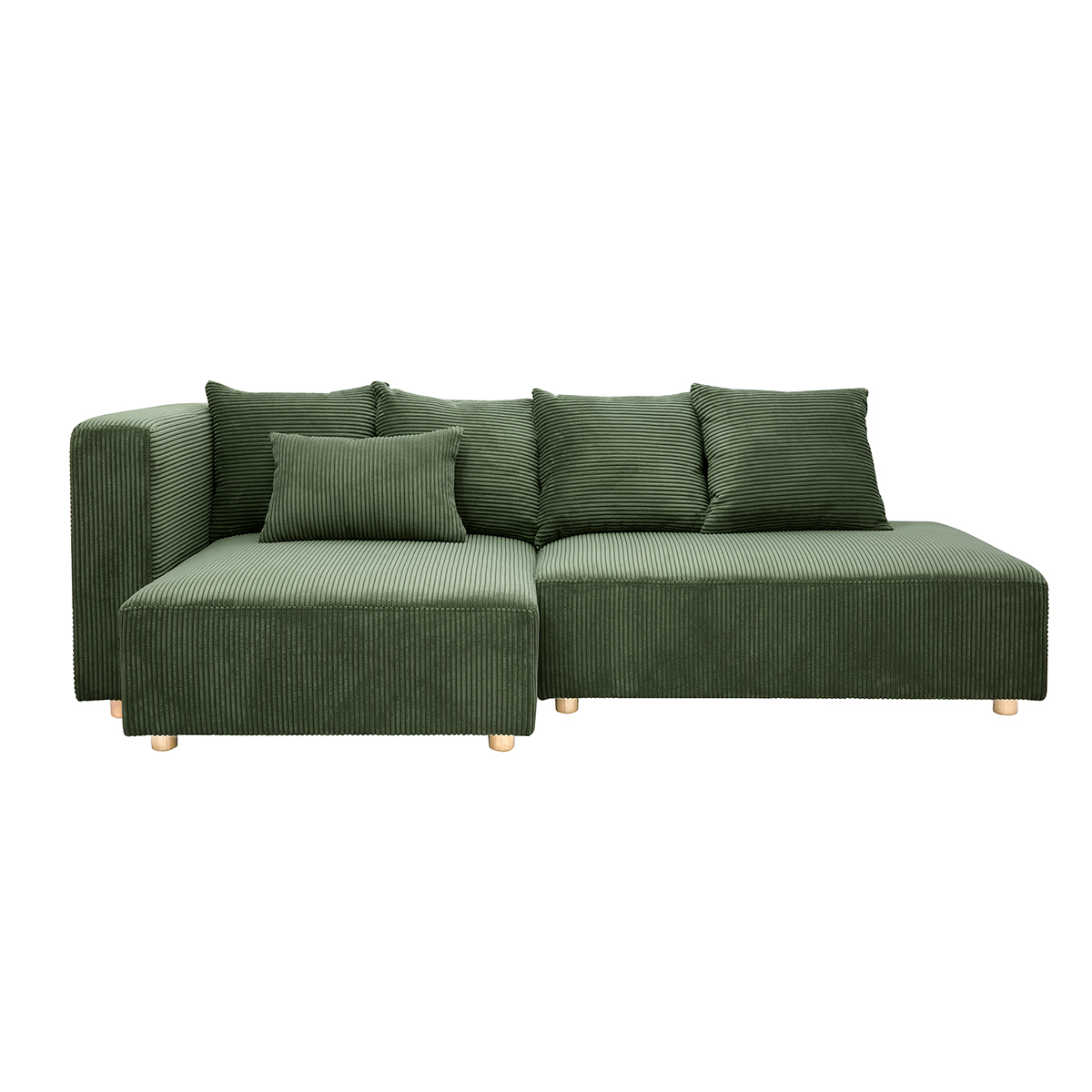 Divano ad angolo sinistro 3 posti in tessuto velluto a coste verde kaki e legno chiaro HARLEM