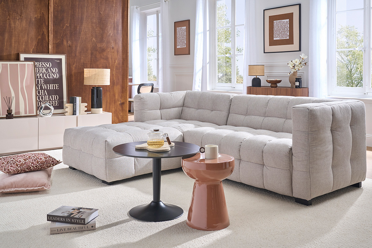 Divano ad angolo sinistro design 3 posti in tessuto effetto velluto testurizzato beige CORTO