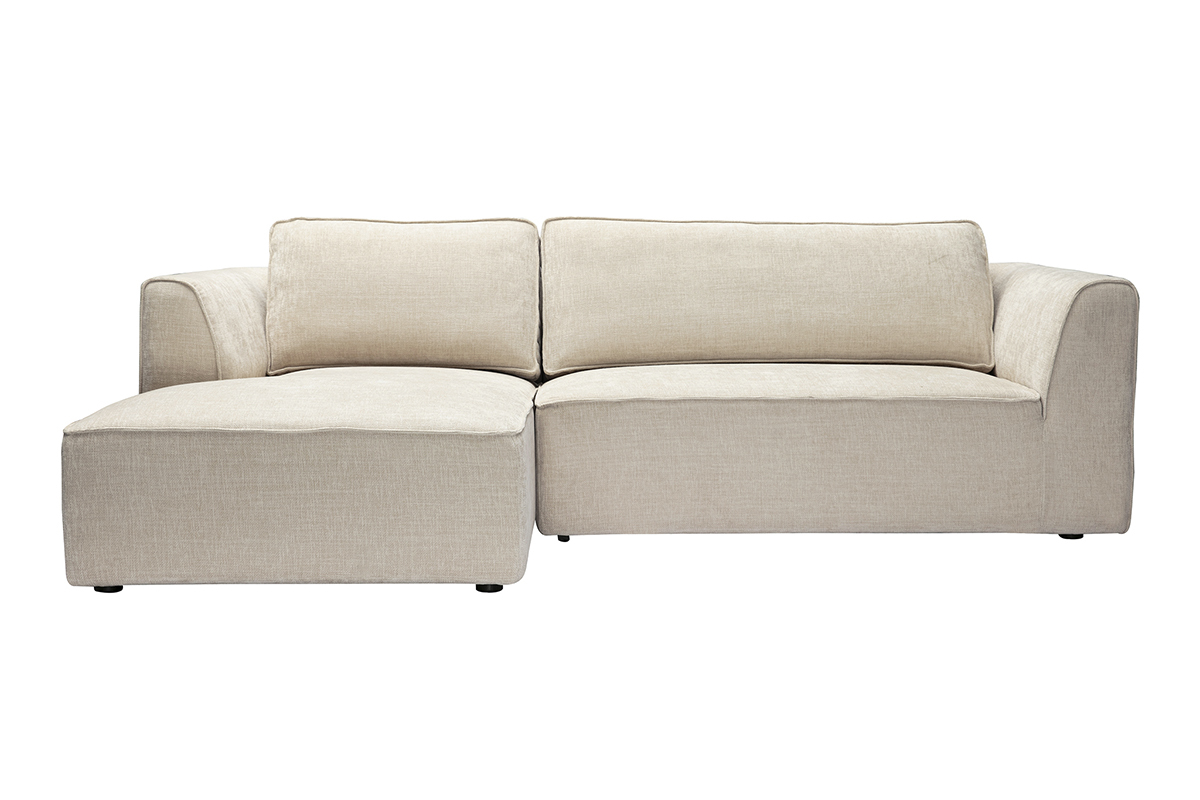 Divano ad angolo sinistro in tessuto effetto velluto beige, 3 posti, vista frontale.