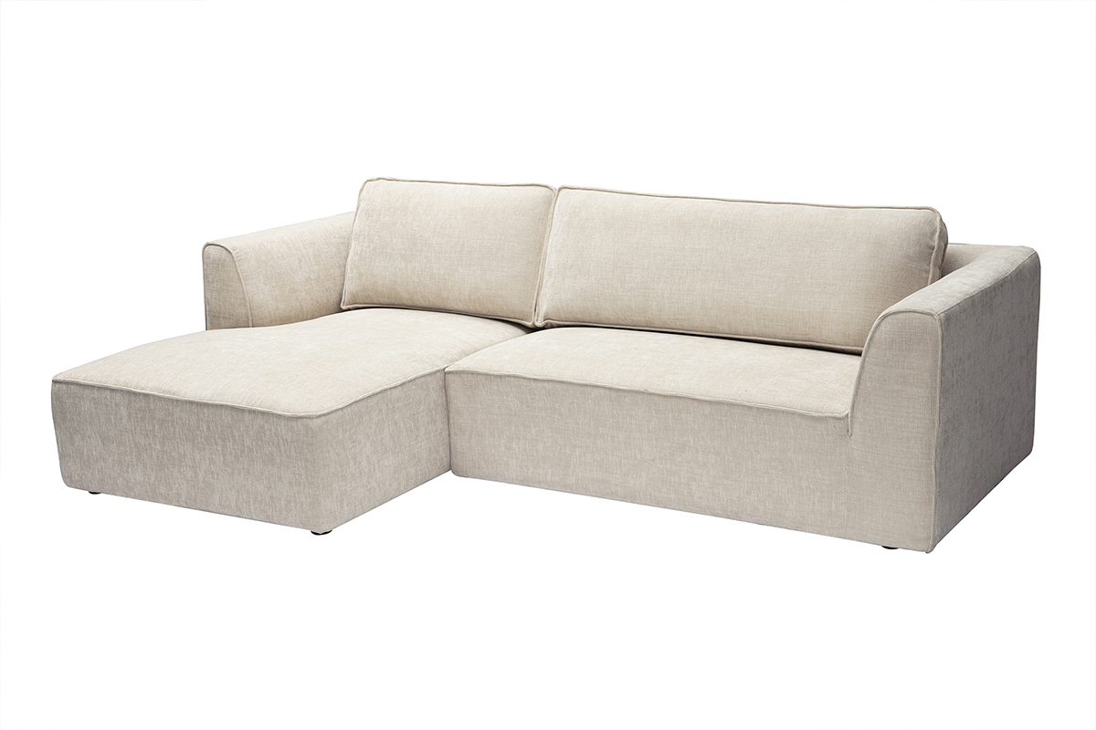 Divano ad angolo sinistro beige in tessuto effetto velluto testurato, 3 posti, vista da 3/4.