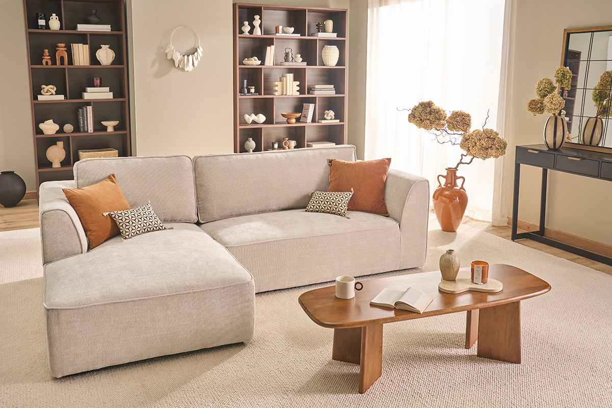 Divano ad angolo sinistro design in tessuto effetto velluto testurizzato beige 3 posti GRAMMY